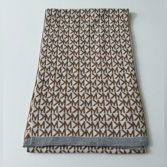 Michael Kors Accessories - Michael Kors Logo Printed winter scarf Cream and Tan pattern gray trim.